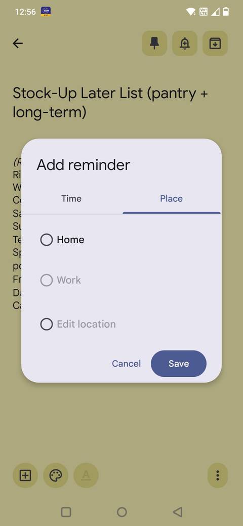 Screenshot showing how to set the location-based reminder in Google Keep