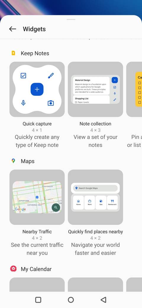 Screenshot showing Google Keep widgets