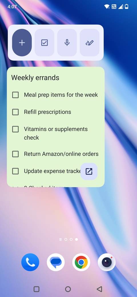 Screenshot showing Google Keep widgets on the home screen
