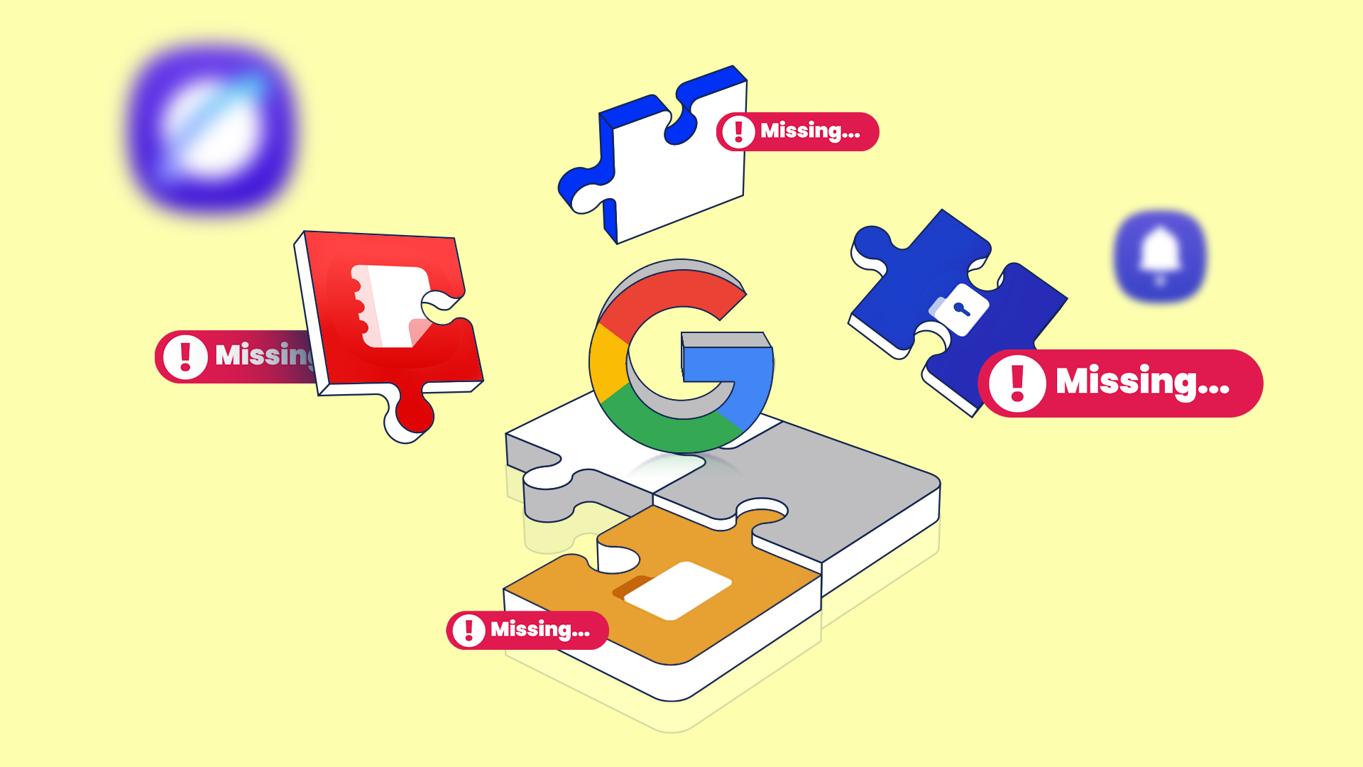 Google logo surrounded by puzzle pieces, with Samsung app icons on floating pieces and red 'Missing...' alert signs.