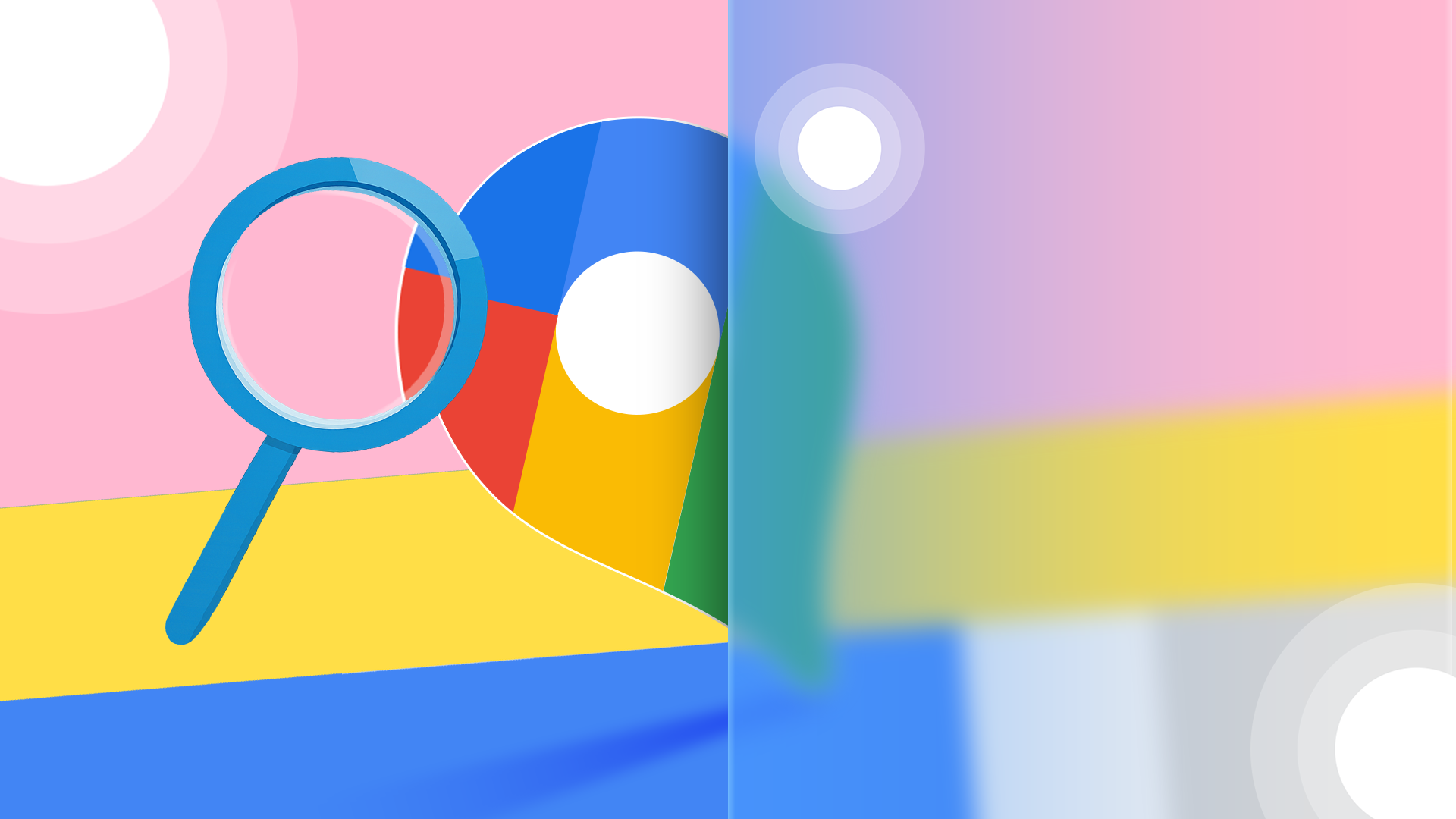 Google Maps logo under a magnifying glass, with the right half of the image hidden behind a frosted glass effect.