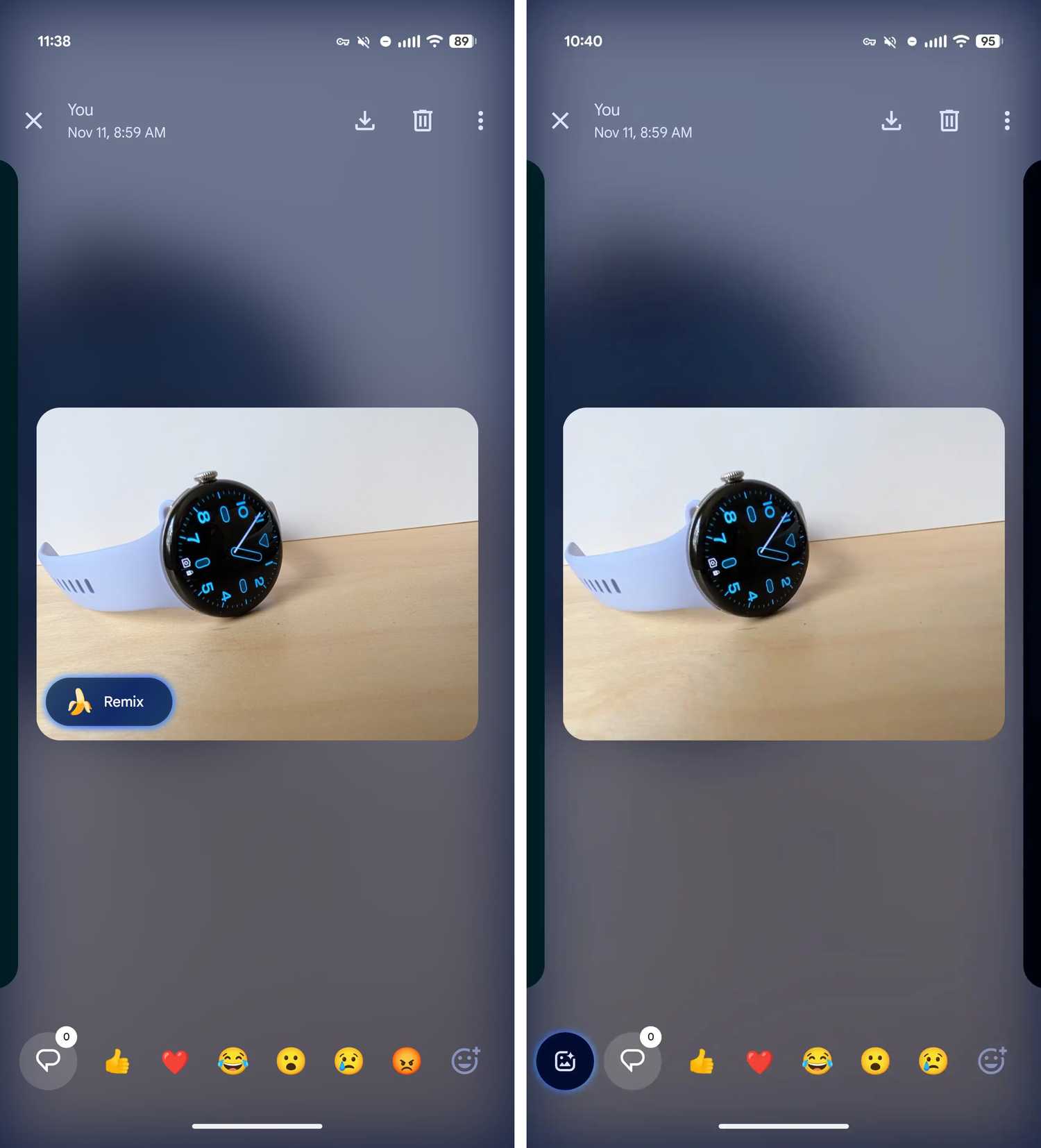 Capturas de tela destacando o antigo e o novo logotipo da nano banana na visualização em tela cheia de uma imagem.