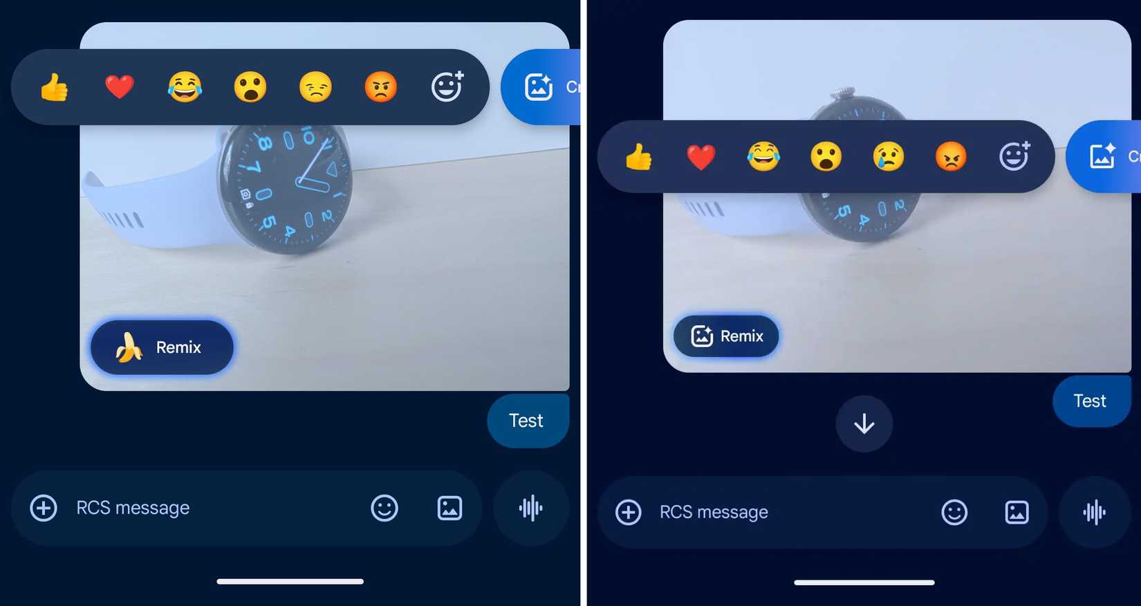 Capturas de tela destacando a antiga e a nova aparência do Nano Banana no Mensagens do Google.