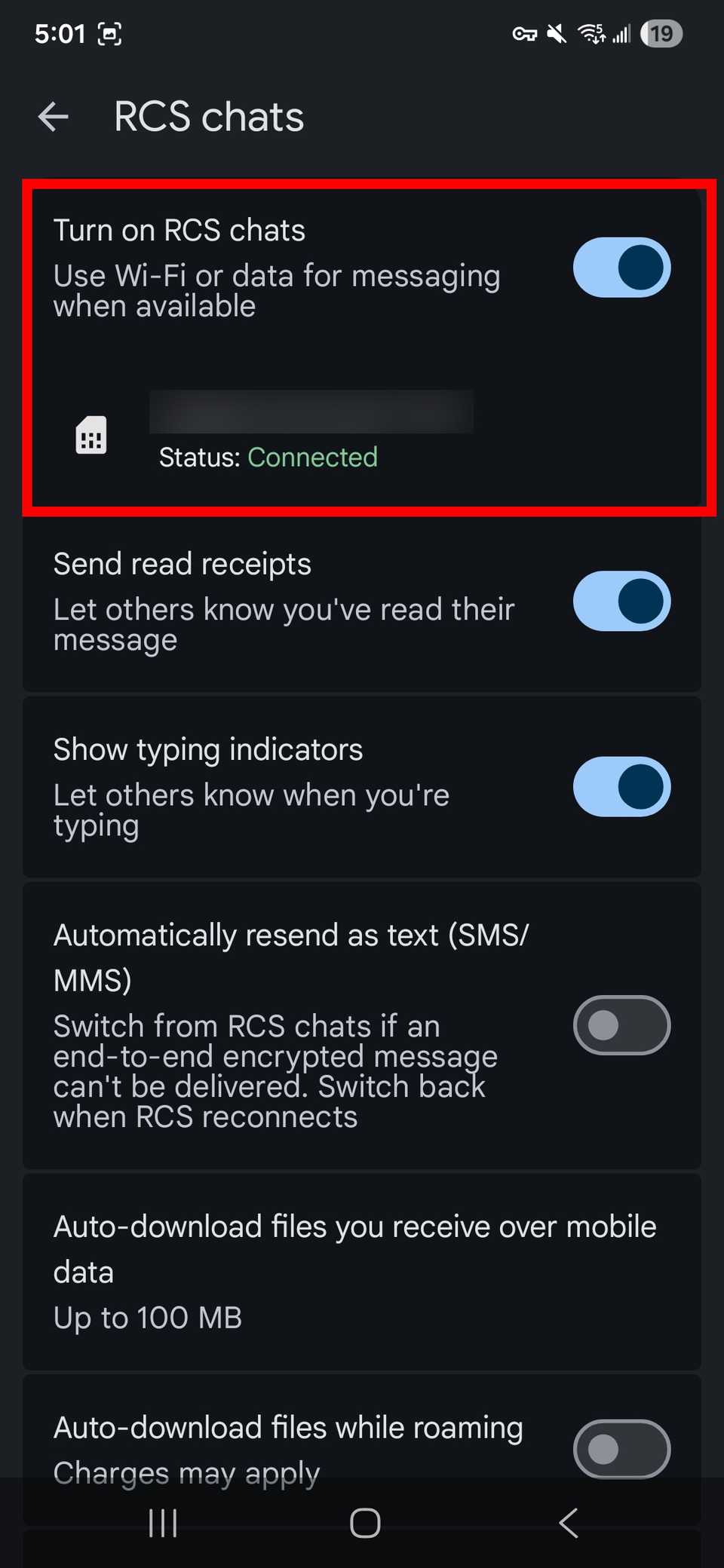Evidenziazione del contorno del rettangolo rosso Attiva/disattiva l'attivazione/disattivazione delle chat RCS nelle impostazioni della chat RCS