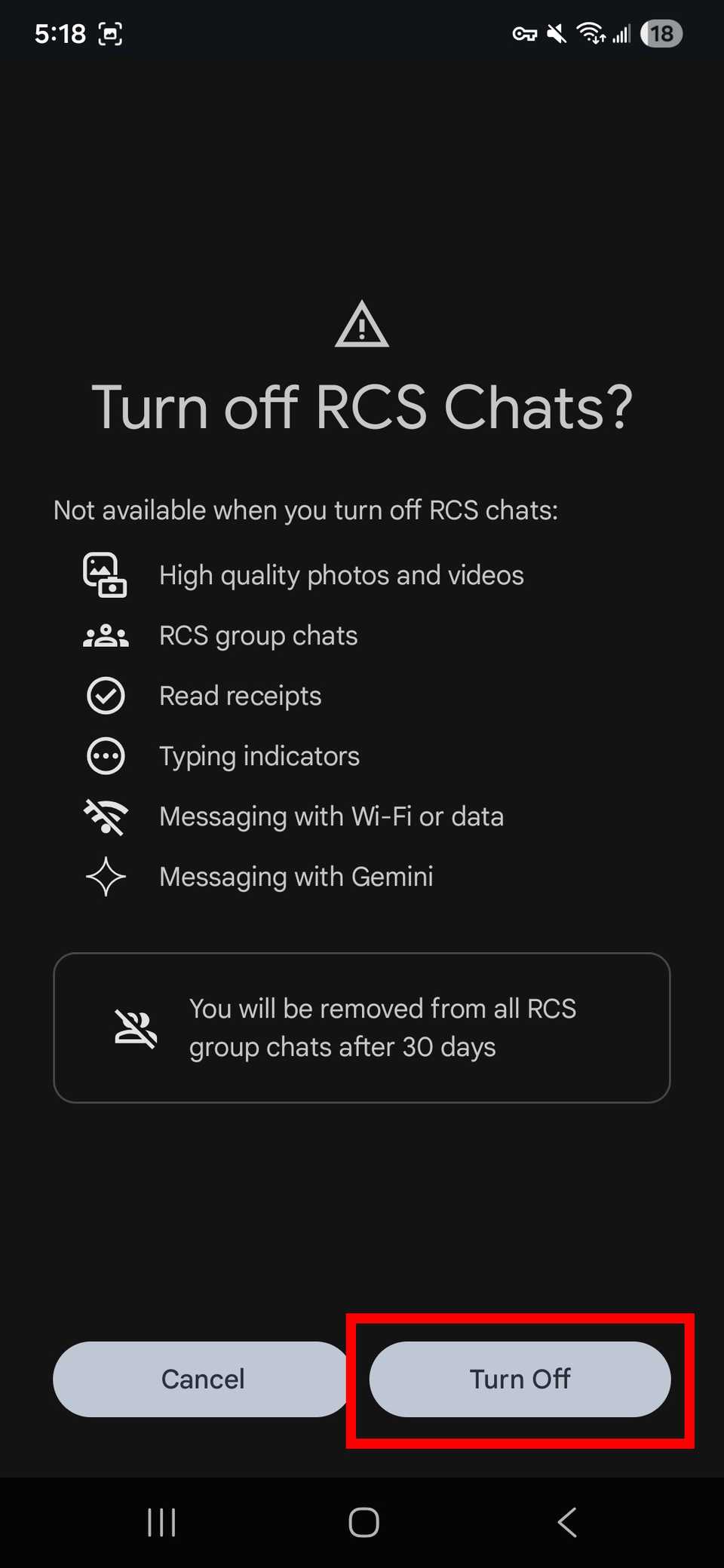 evidenziazione del contorno del rettangolo rosso Disattiva l'opzione per le chat RCS di Google Messaggi