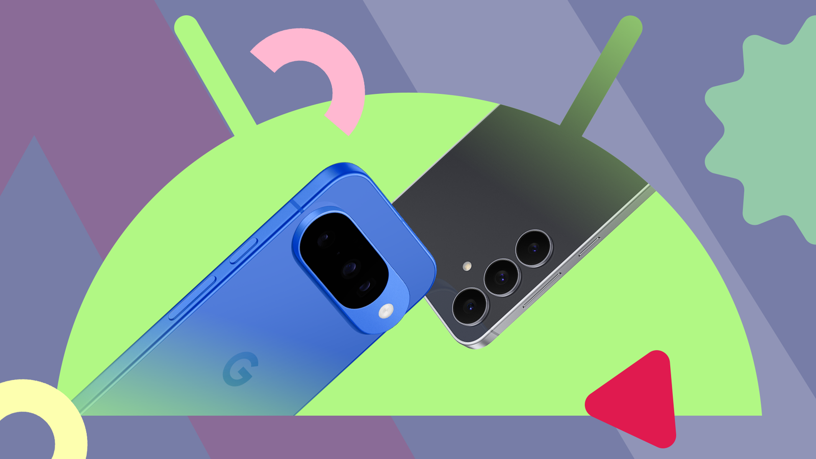 Google Pixel 10 and a Samsung Galaxy s25 in front of a stylized green Android logo.