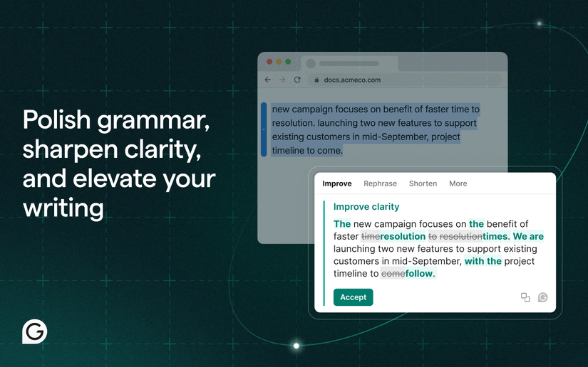 Um gráfico promocional mostrando uma janela pop-up do Grammarly sugerindo edições de texto para melhorar a clareza e aprimorar a gramática