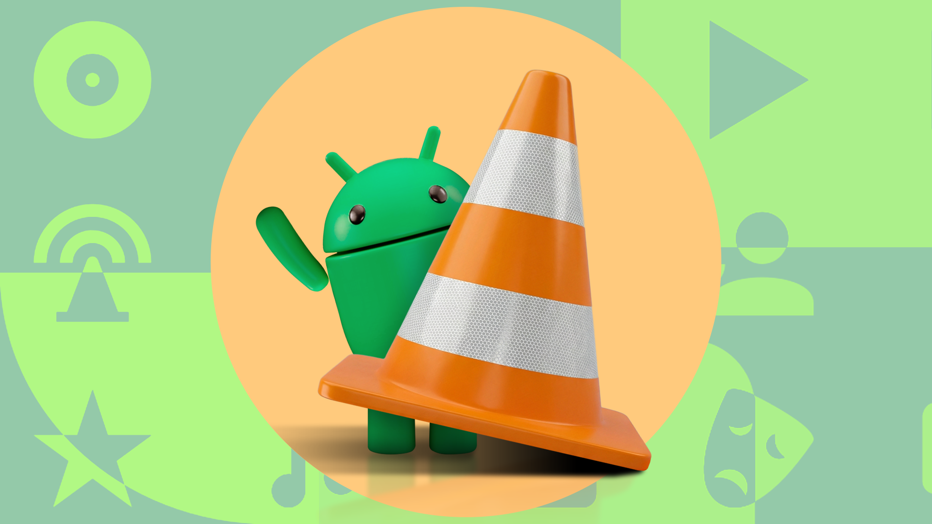 Green Android mascot peeking from behind a large orange VLC traffic cone on a patterned background.