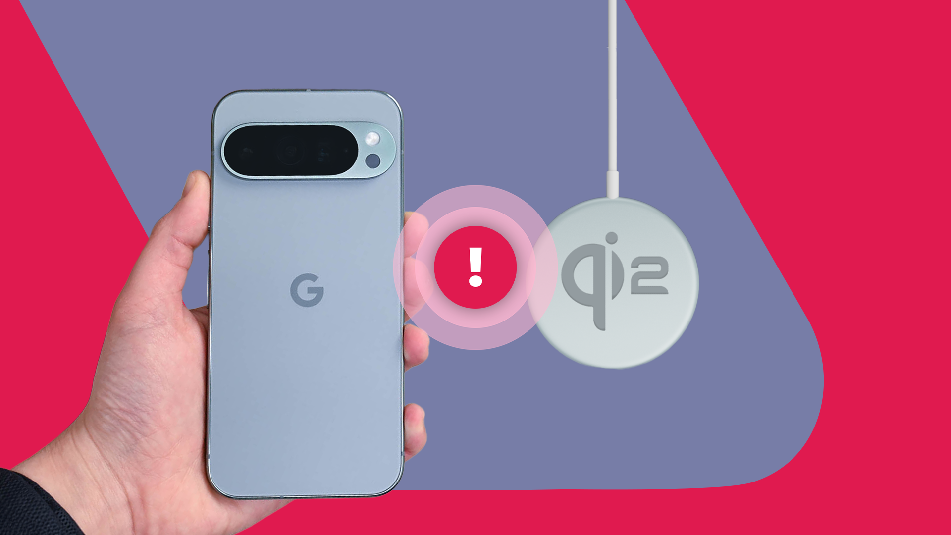 Hand holding a Google Pixel phone next to a Qi2 wireless charger, separated by a red warning exclamation mark.