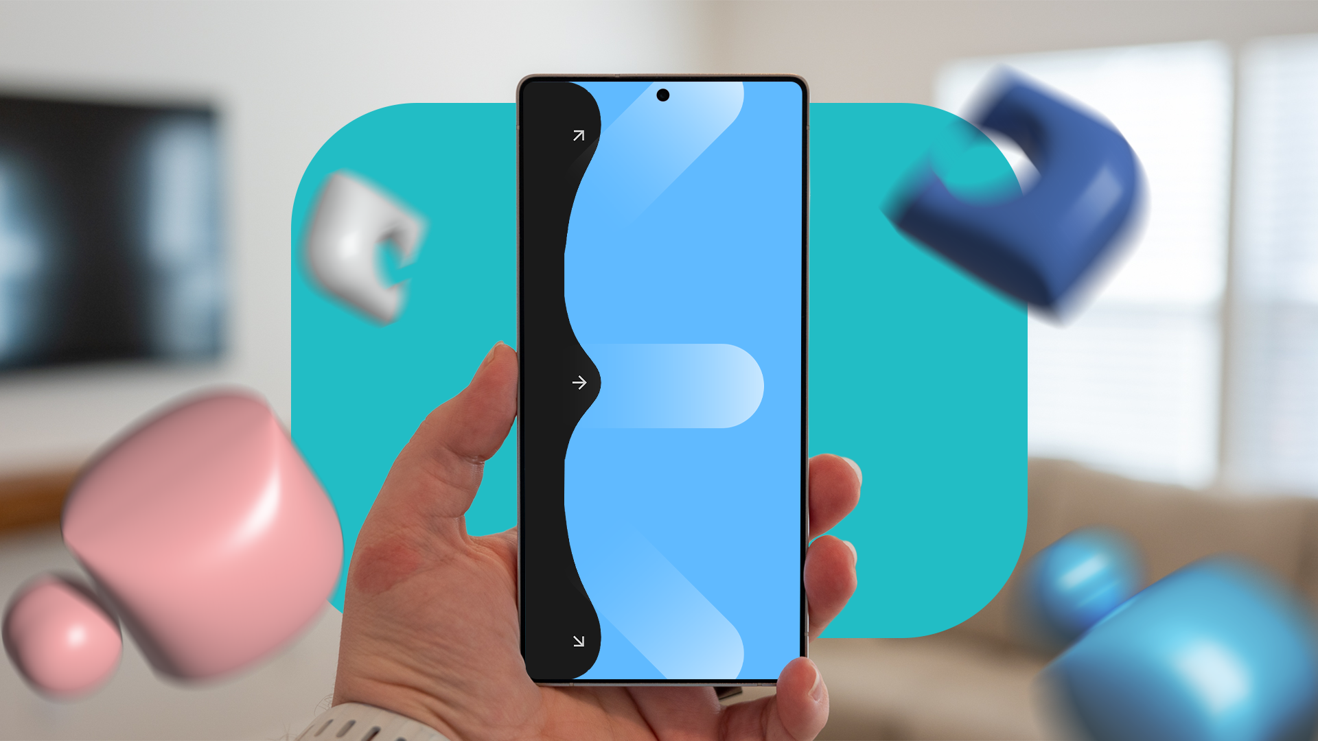 Hand holding a smartphone displaying One Hand Operation+ gesture arrows on the left screen edge.