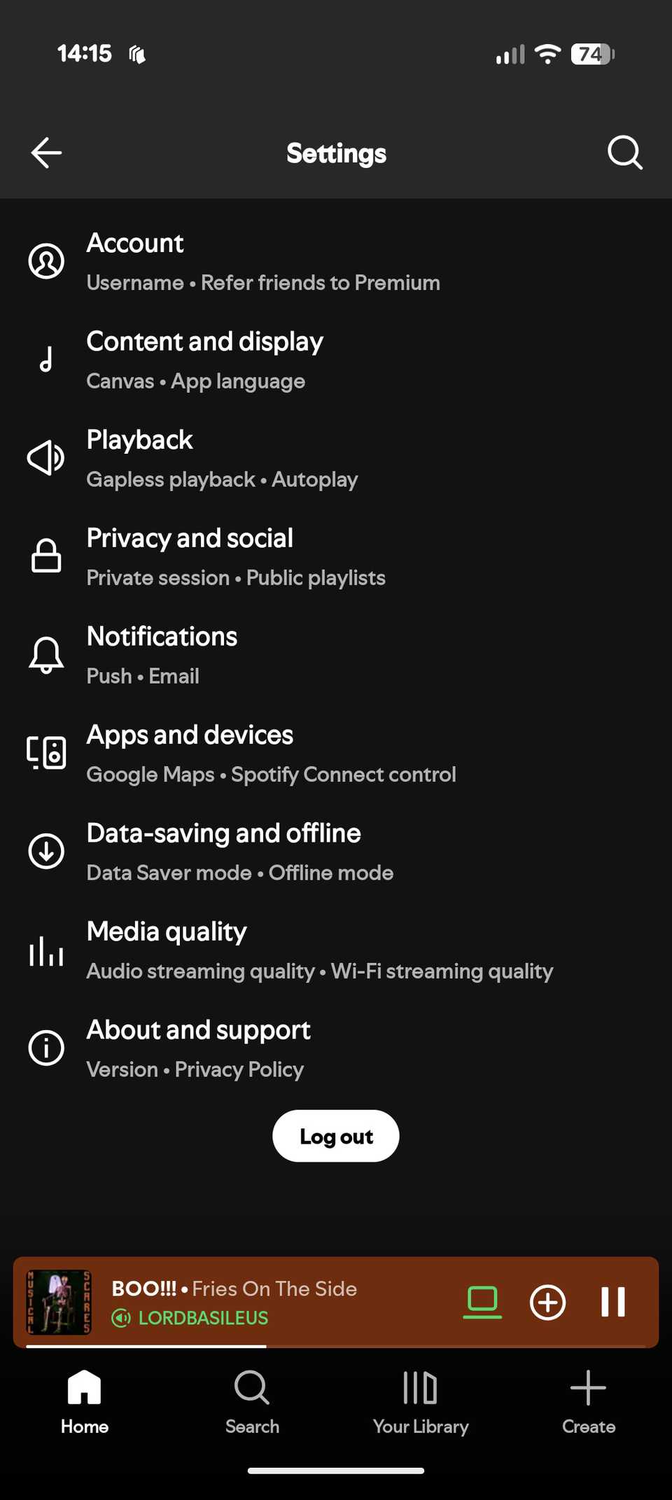 The Settings page in Spotify.