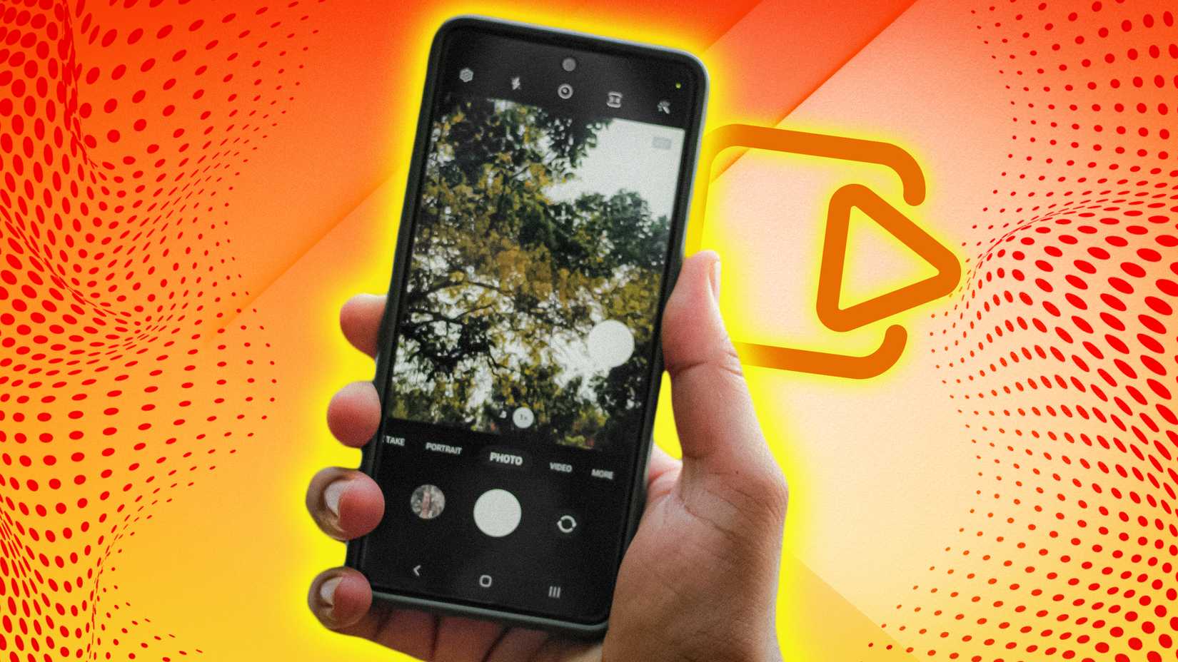 A hand holding a phone showing the Motion Photo feature working on a picture