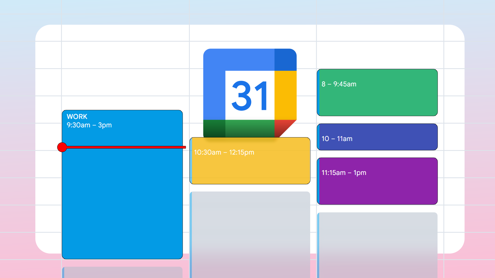 Ilustração de uma grade de programação do Google Agenda com blocos de tempo coloridos e o logotipo do aplicativo.