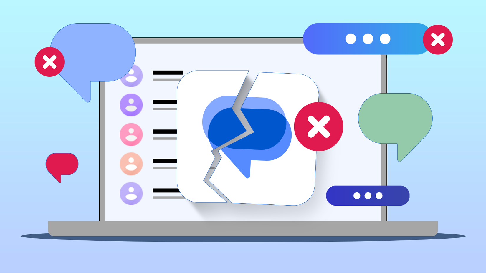Ilustração de um laptop exibindo um ícone quebrado do Mensagens do Google na interface da web, com marcas de 'X' vermelhas sobre balões de bate-papo