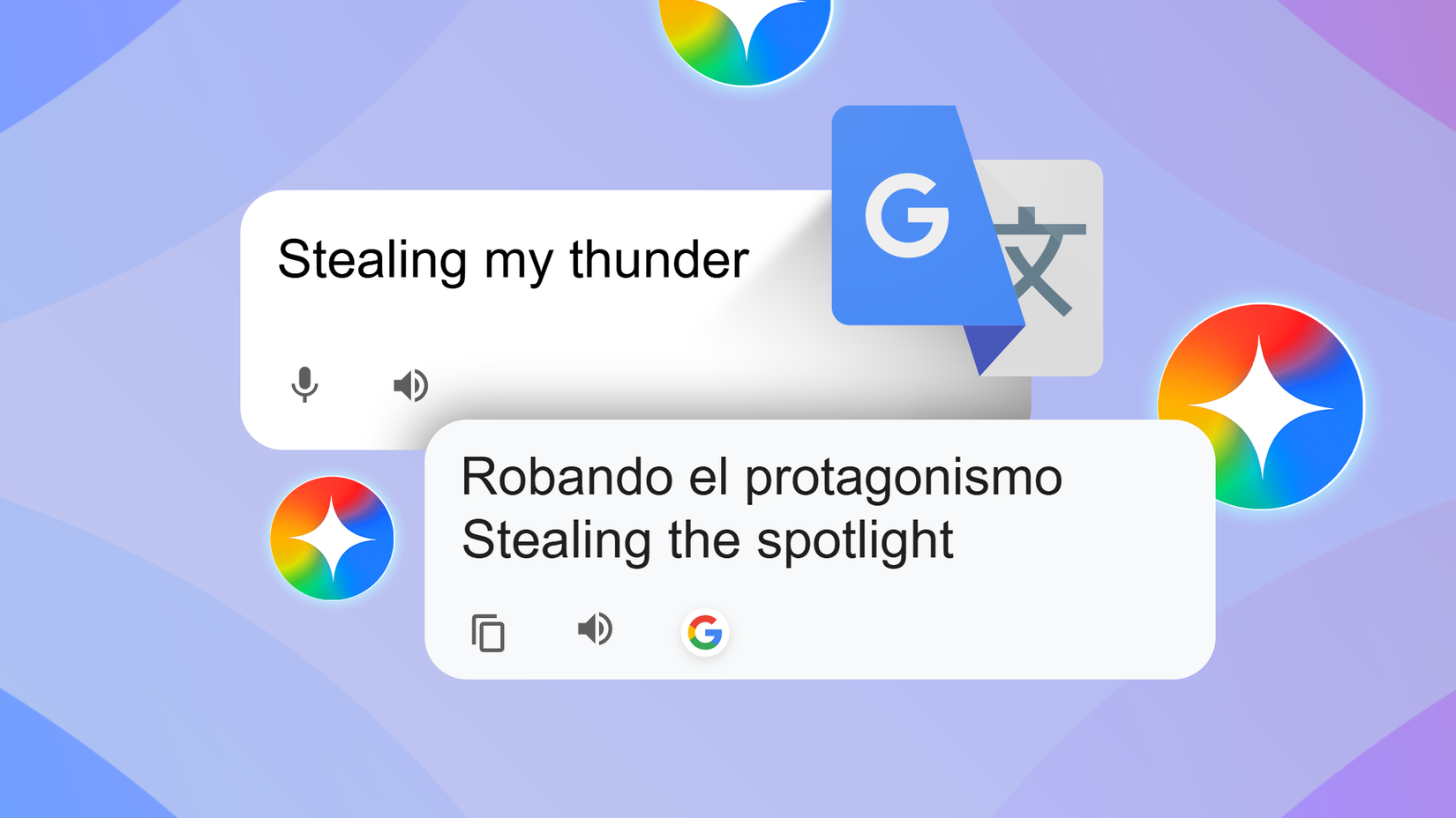 Illustration of a translation interface showing a phrase being translated, with its meaning explained below, alongside Google Translate and Gemini icons on a colorful background.