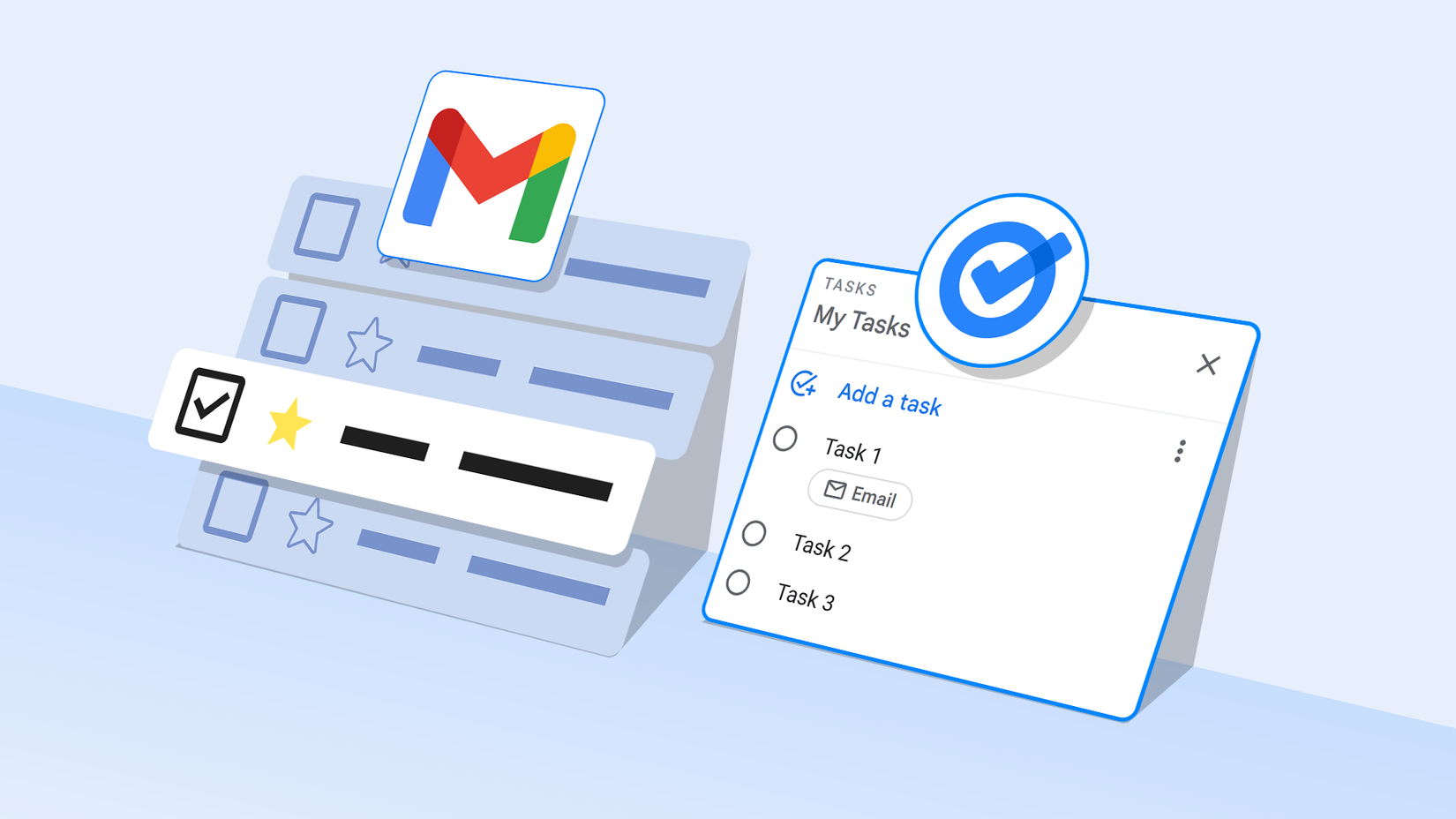Ilustração das interfaces do Gmail e do Google Tasks lado a lado, mostrando um e-mail sendo convertido em um item de lista de verificação.