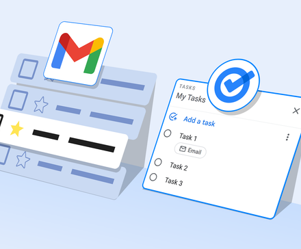 Illustration of Gmail and Google Tasks interfaces side-by-side, showing an email being converted into a checklist item.