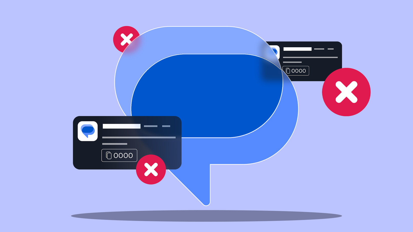 Ilustração de notificações estilizadas do Mensagens do Google mostrando mensagens OTP, com ícones X vermelhos ao redor delas.