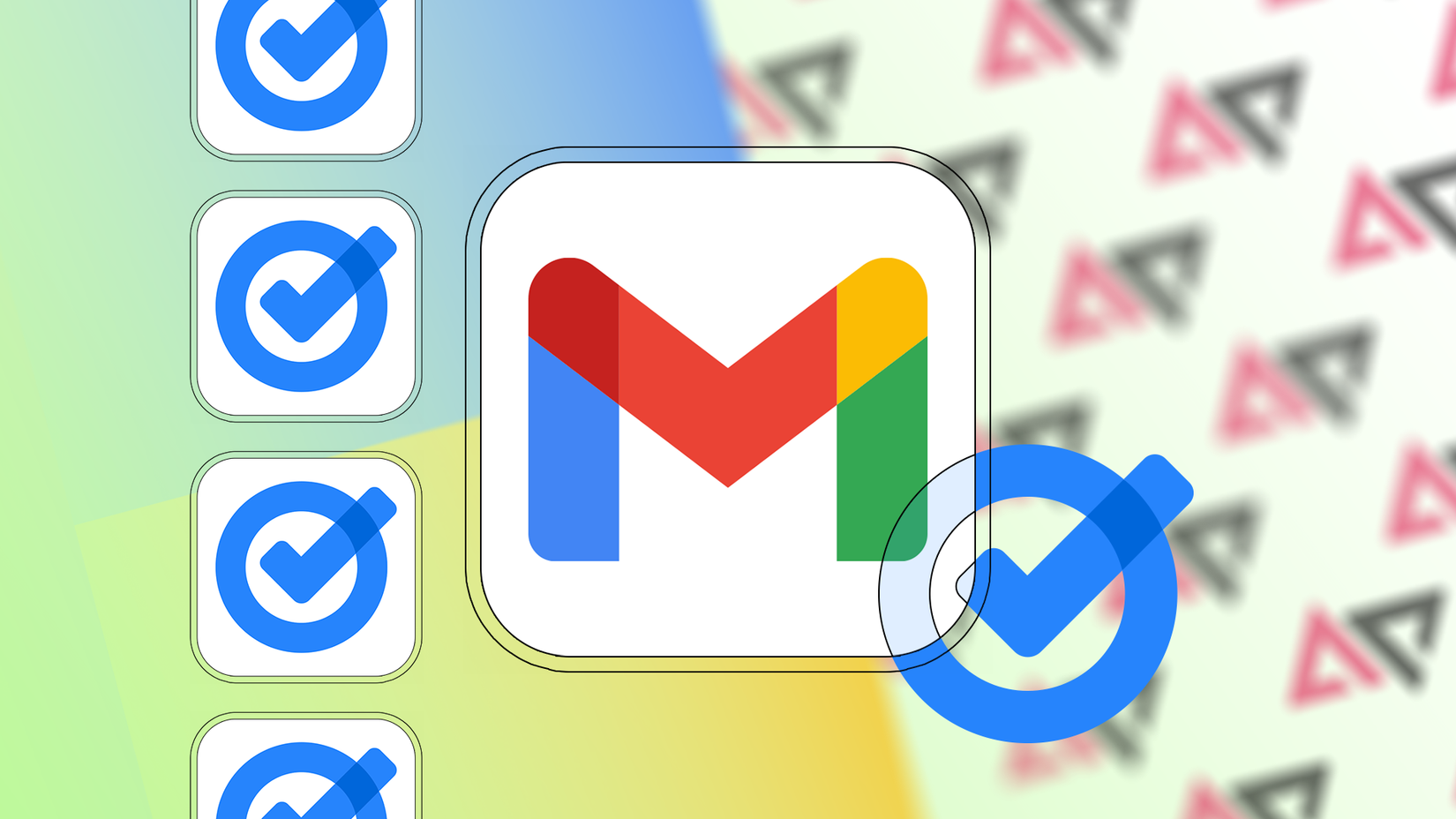 Illustrazione dell'icona di Gmail centrata su uno sfondo colorato, con più icone di Google Task impilate sul lato sinistro, una sovrapposta al logo di Gmail.