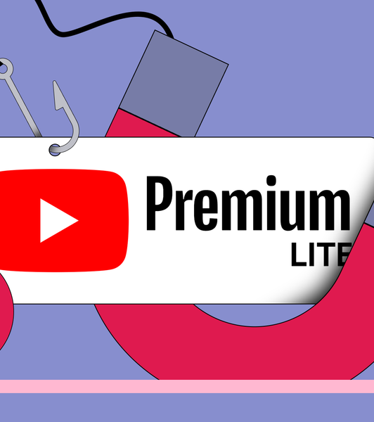 Illustration of the YouTube Premium Lite logo attached to a hook, being attracted by a large red horseshoe magnet, with a red exclamation mark icon in the bottom left.