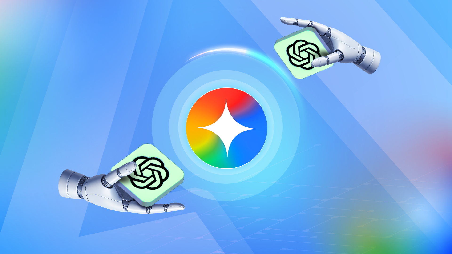 Illustration showing two robotic hands holding ChatGPT logo towards a central glowing Google Gemini icon.
