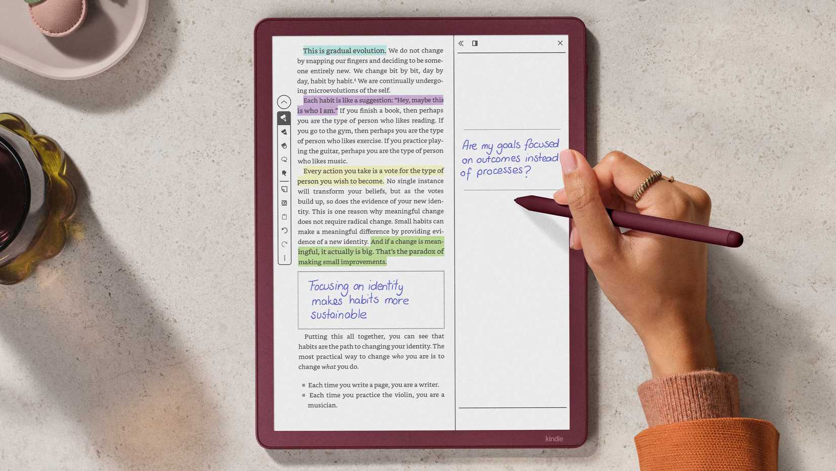The Kindle Scribe Colorsoft on a desk, in use.