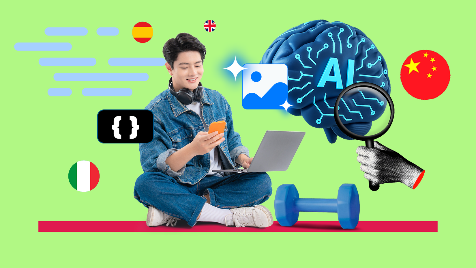 Homem usando um laptop e um telefone cercado por ícones de IA para codificação, preparação física, aprendizado de idiomas e pesquisa.