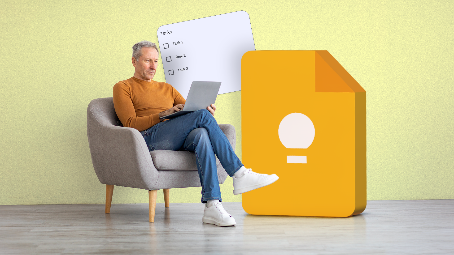 Uomo che lavora su un laptop accanto a un grande logo Google Keep in 3D e a una lista di controllo mobile.