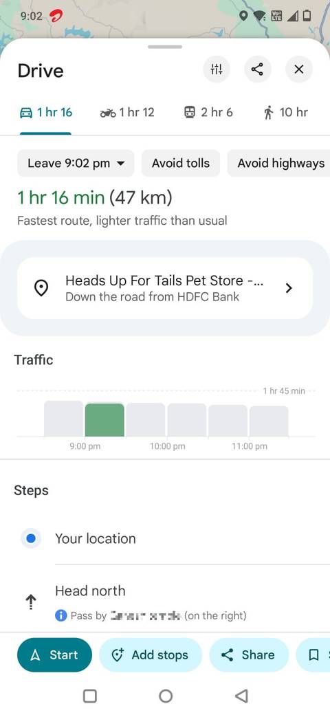 Screenshot showing the Drive screen in Google Maps