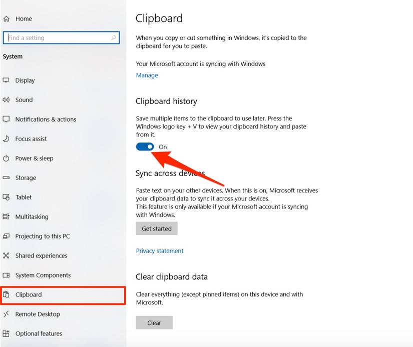 Clipboard menu on Windows PC showing enabled Clipboard history option