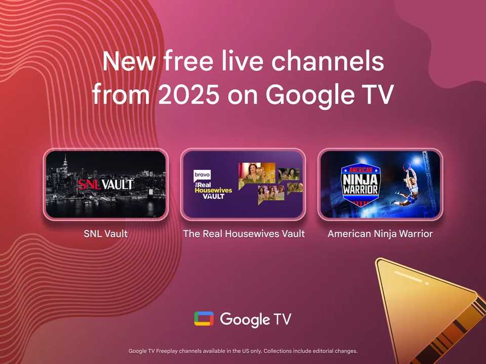 An image highlighting some of Google TV's new free live channels from 2025.