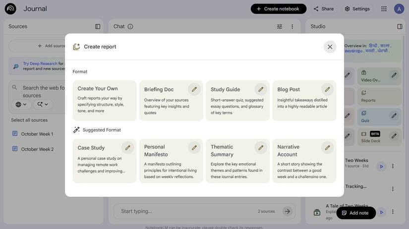 Captura de tela mostrando as opções de relatório no NotebookLM