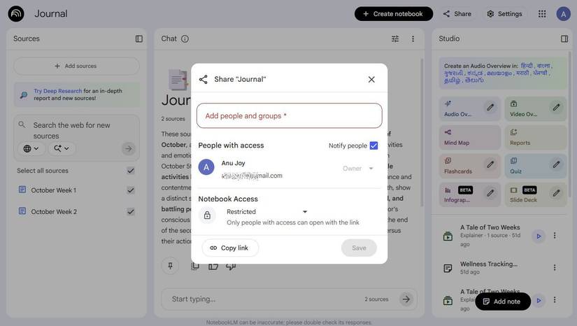 Screenshot showing how to share notebooks ion NotebookLM