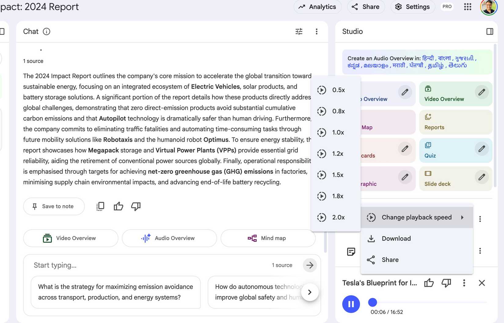 Velocidade de reprodução da visão geral do áudio NotebookLM