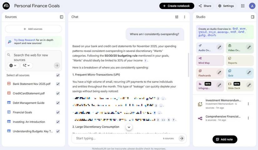 Captura de tela mostrando o bloco de notas Finanças no NotebookLM