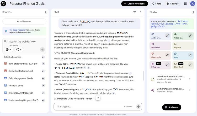 Captura de tela mostrando uma estrutura de orçamento no NotebookLM