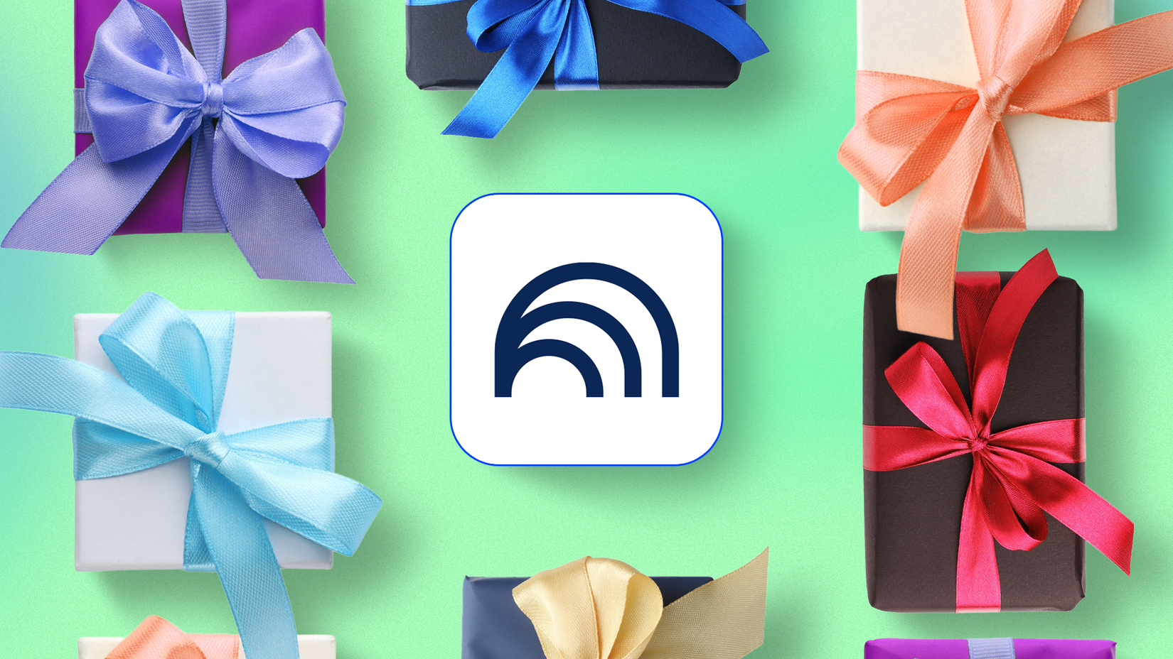 NotebookLM logo centered on a green background surrounded by neatly wrapped gift boxes with colorful ribbons.