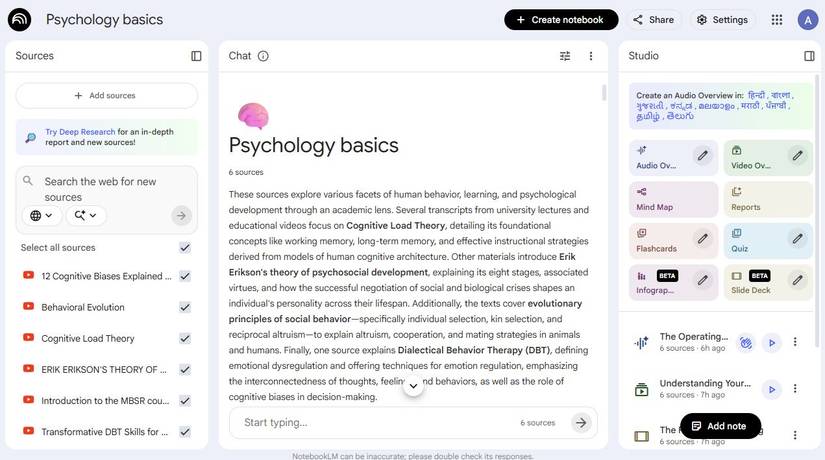 Screenshot che mostra un taccuino NotebookLM sull'apprendimento delle basi della psicologia