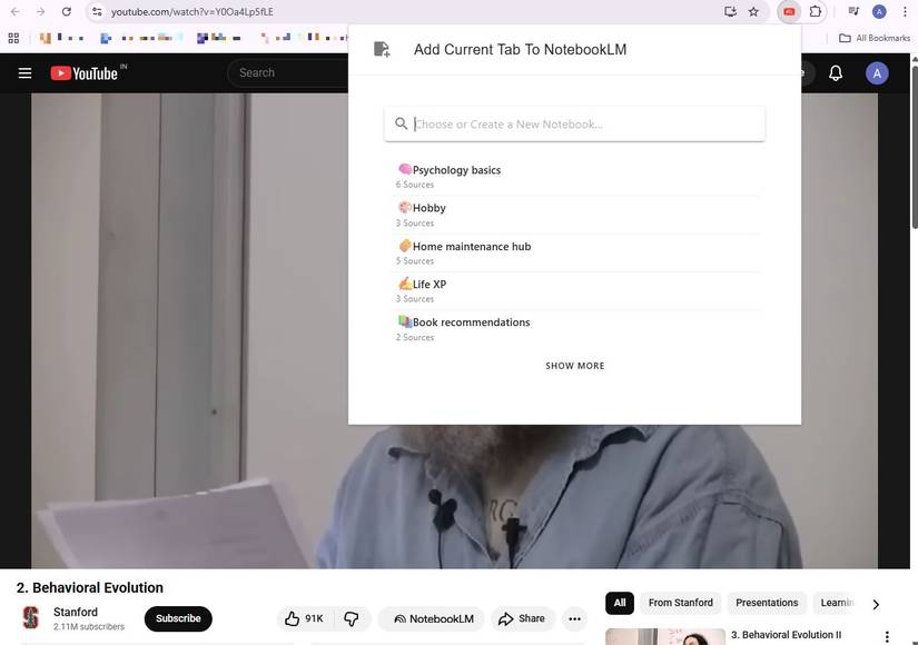 Screenshot showing the YouTube to NotebookLM Chrome extension