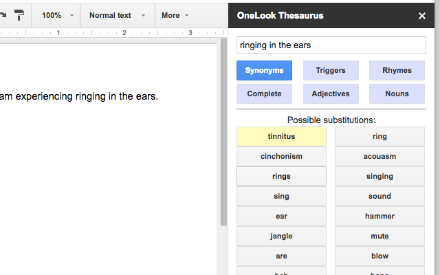 Uma barra lateral do Google Docs para o OneLook Thesaurus mostrando 
