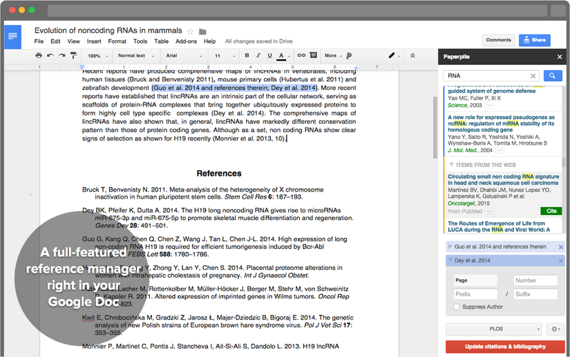 Uma interface do Google Docs mostrando um artigo acadêmico com uma barra lateral Paperpile