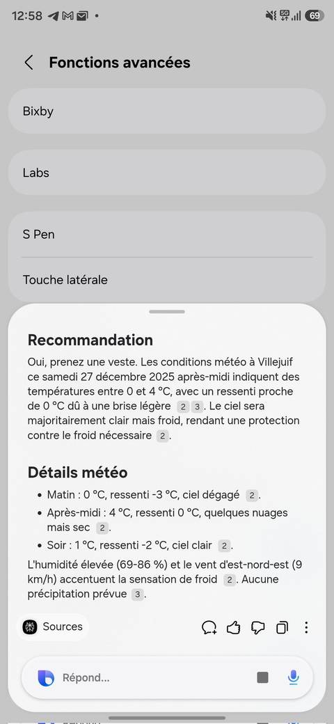Uno screenshot (in francese) che descrive in dettaglio l'integrazione di Perplexity in Bixby