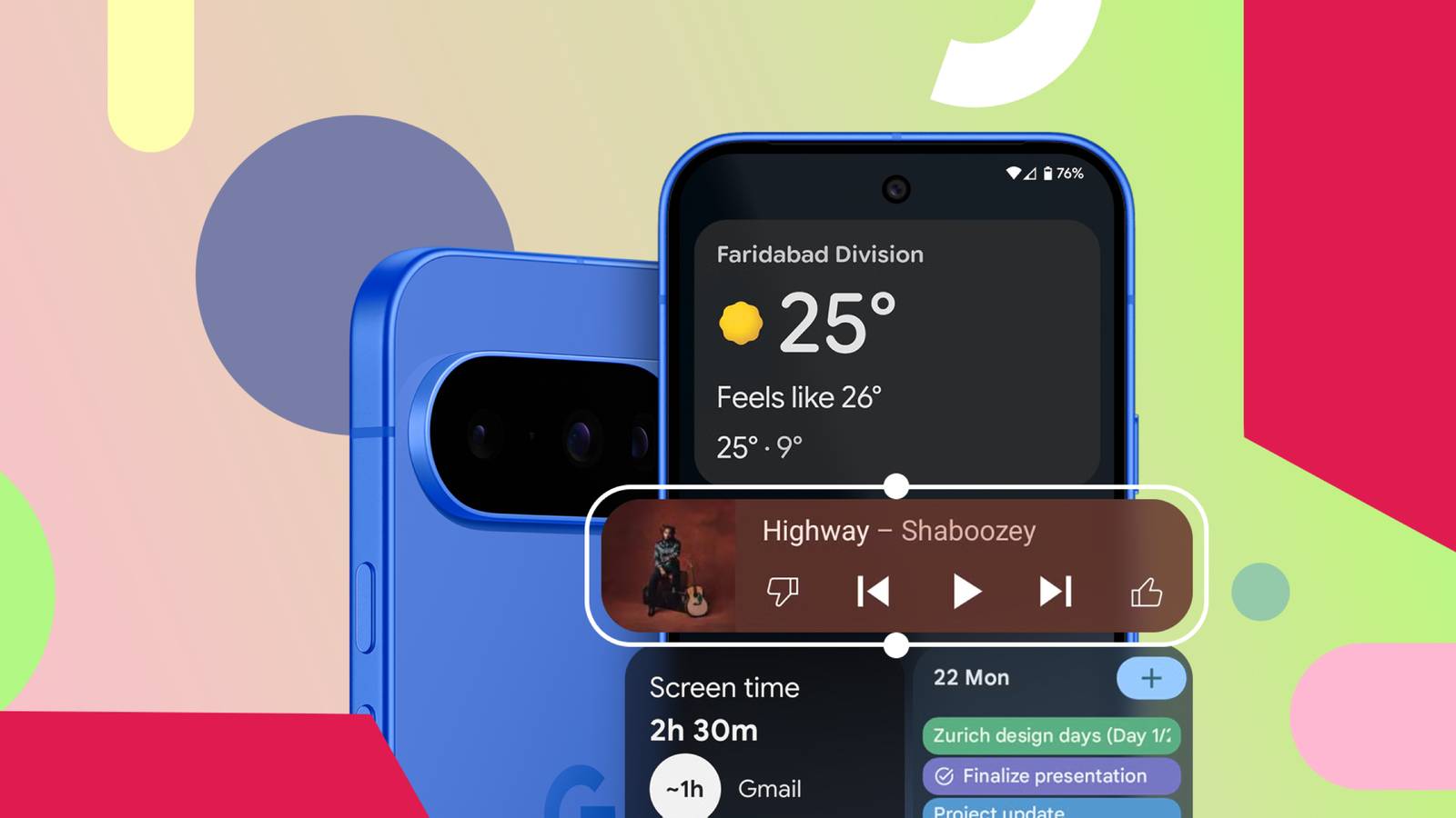 A Google Pixel 10 showing lock screen widgets, including a weather widget, music controls, screen time, and calendar events