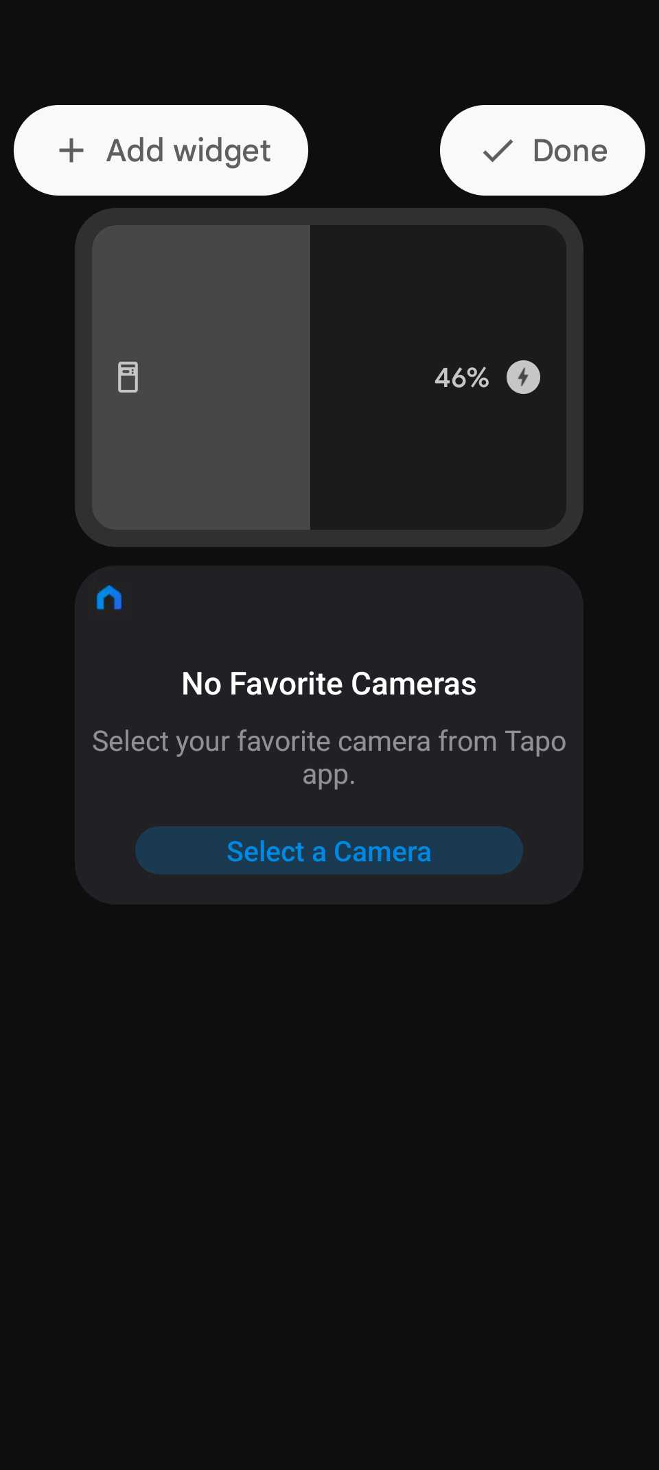 Aggiungi la schermata del widget che mostra l'anteprima del widget della batteria e il messaggio della fotocamera Tapo