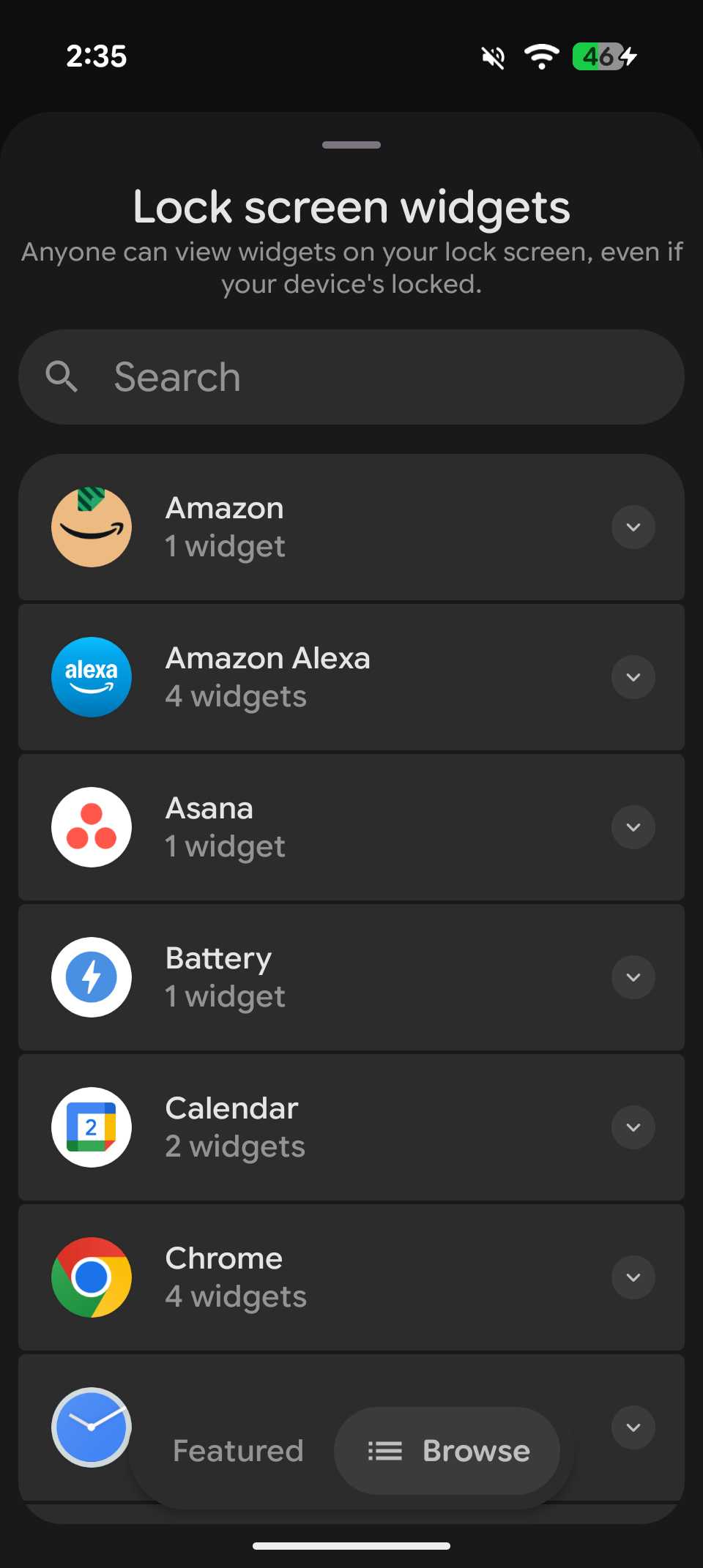 Lock screen widgets browse list displaying apps with their available widget counts