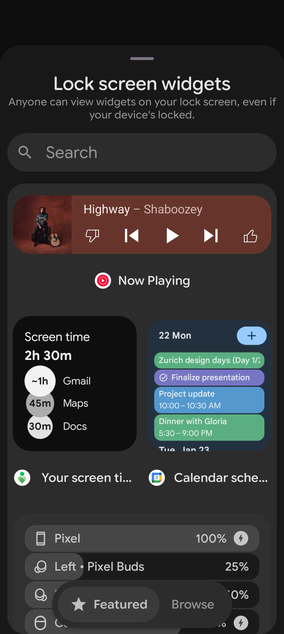 Lock screen widgets page showing Now Playing, screen time, and calendar widgets