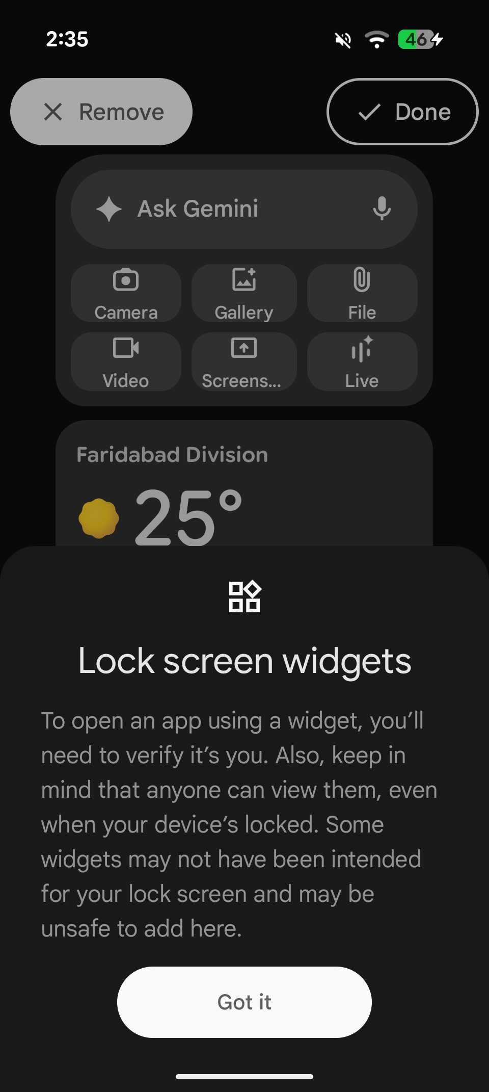 Lock screen widgets warning popup explaining widget visibility and security notes