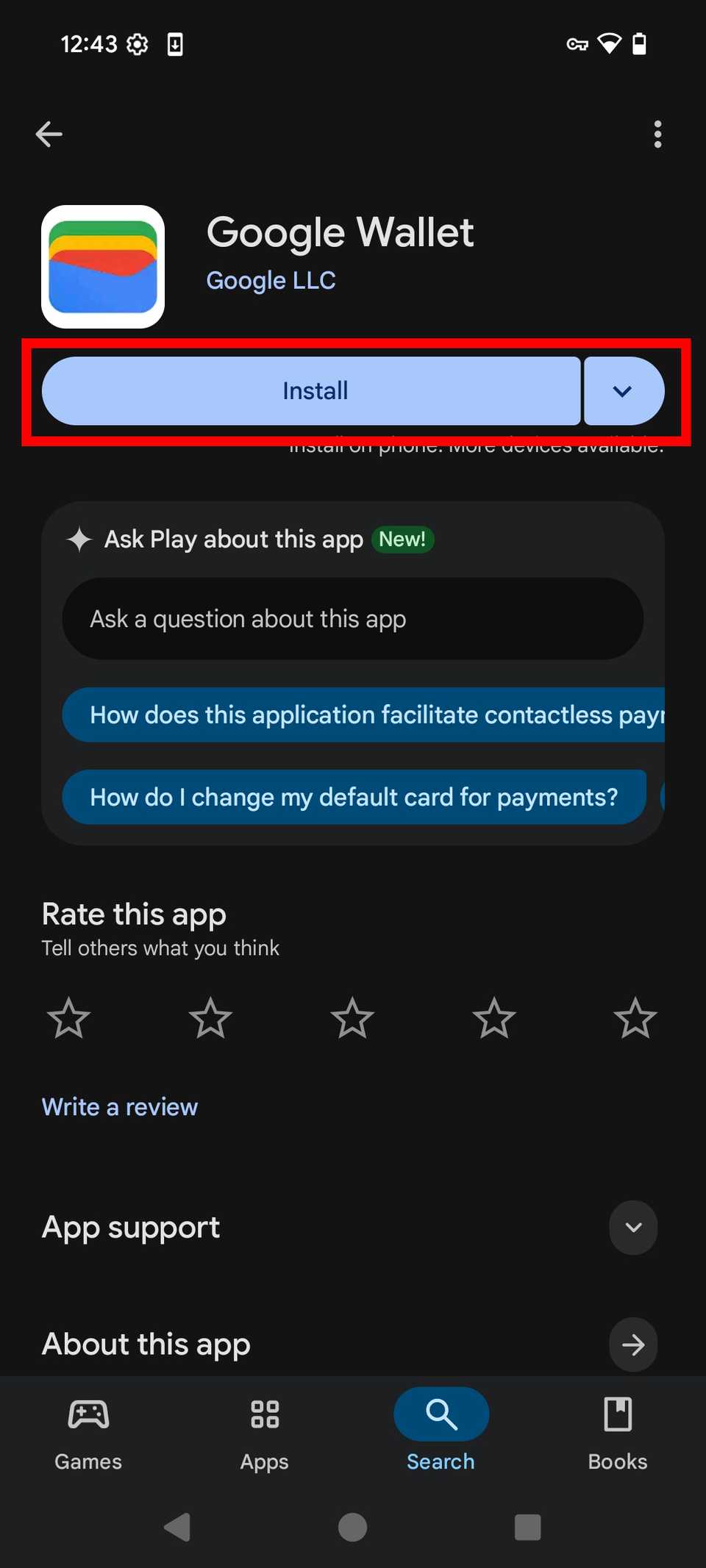 Contorno del rettangolo rosso che evidenzia il pulsante Installa