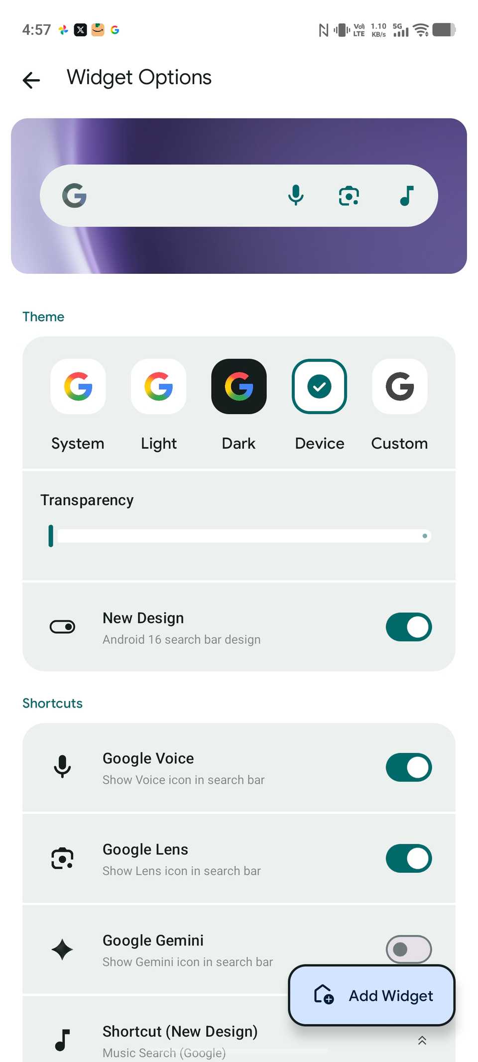 Widget customization in Pixel search