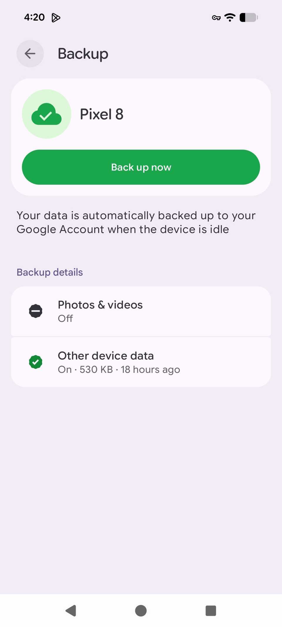 A list of backup options and details for Pixel devices on Android 16